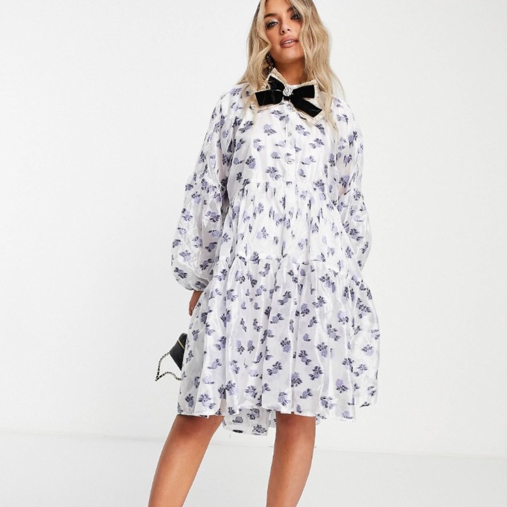 Sister Jane White Floral Tiered Dress with Black Bow Collar